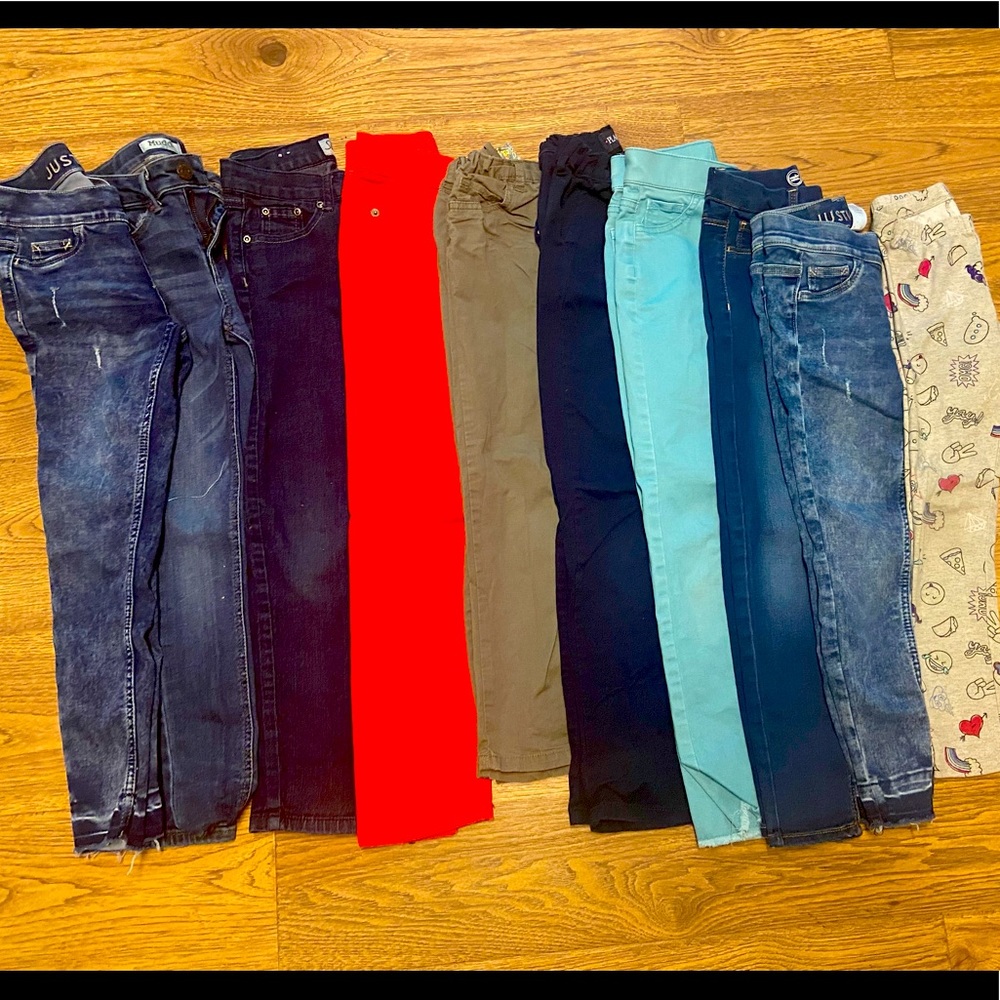 Girls 7/8 jeans Lot 9 pair, 1 Legging,Justice,Childrens place, Mudd, Carters EUC